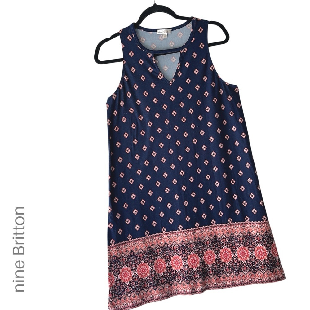 NINE BRITTON NWOT RENATA BRUSHED KNIT DRESS NAVY CORAL BORDER PRINT MEDIUM